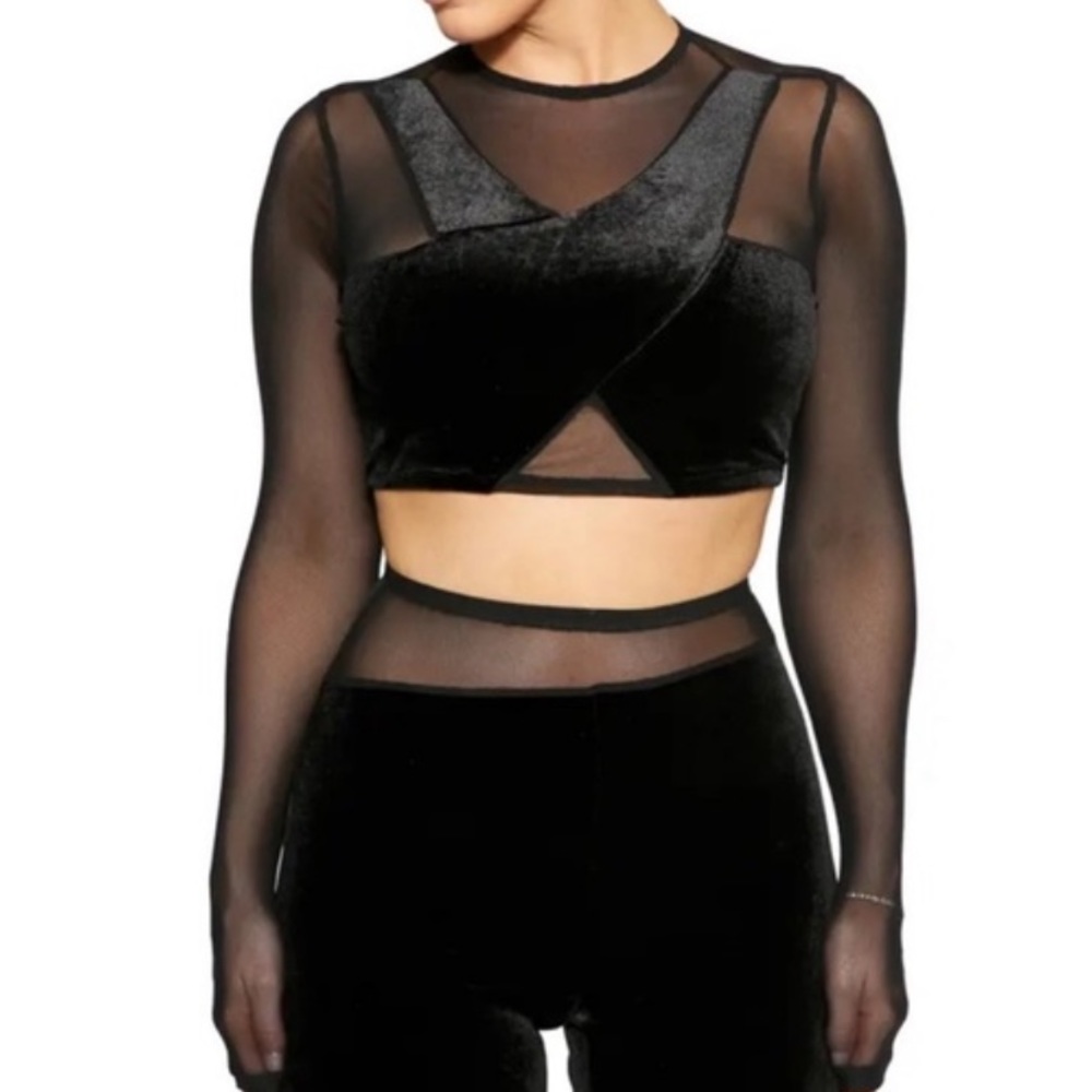 Naked Wardrobe Black Velvet and Mesh Long Sleeve Crop Top Size XS